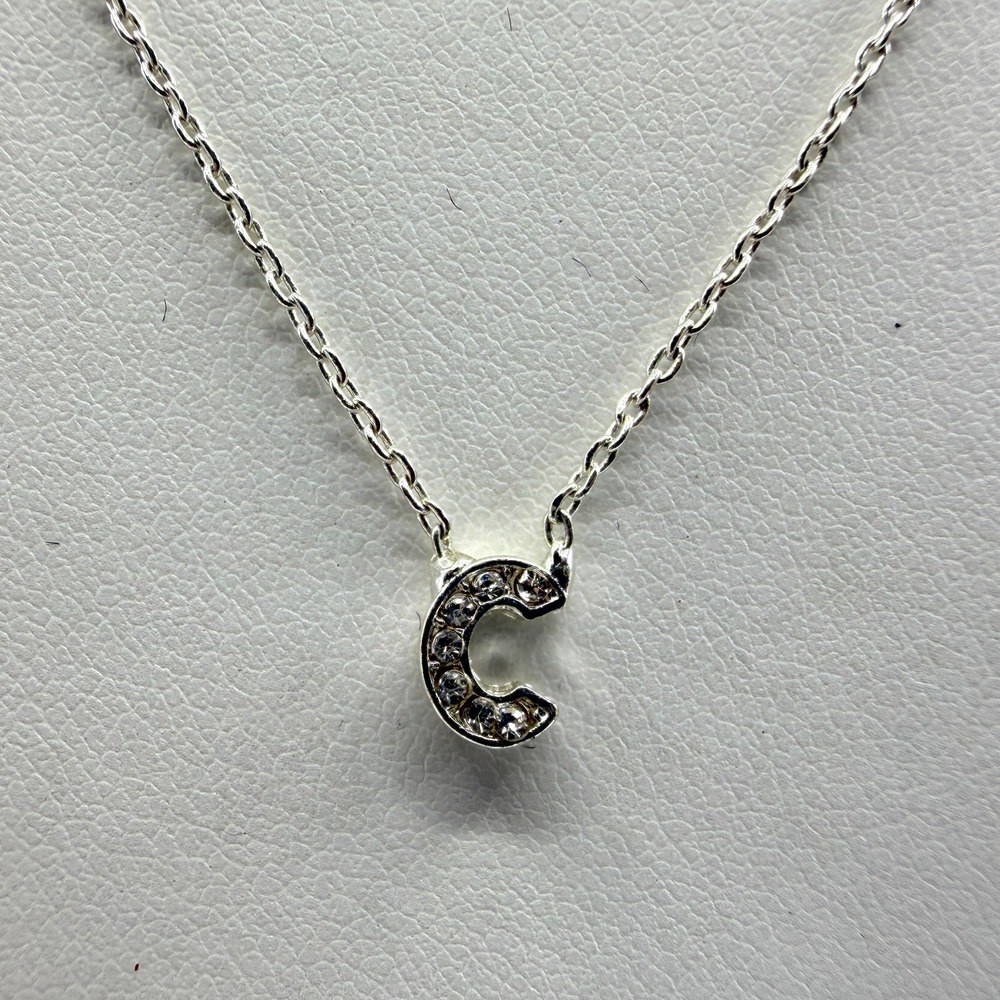 Silver Tone Letter C Pendant Necklace Crystal Accents Minimalist Dainty Gift